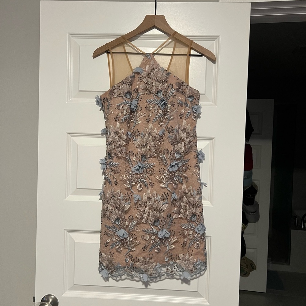 Dress the Population Floral Lace Mini Dress in Blue and Tan